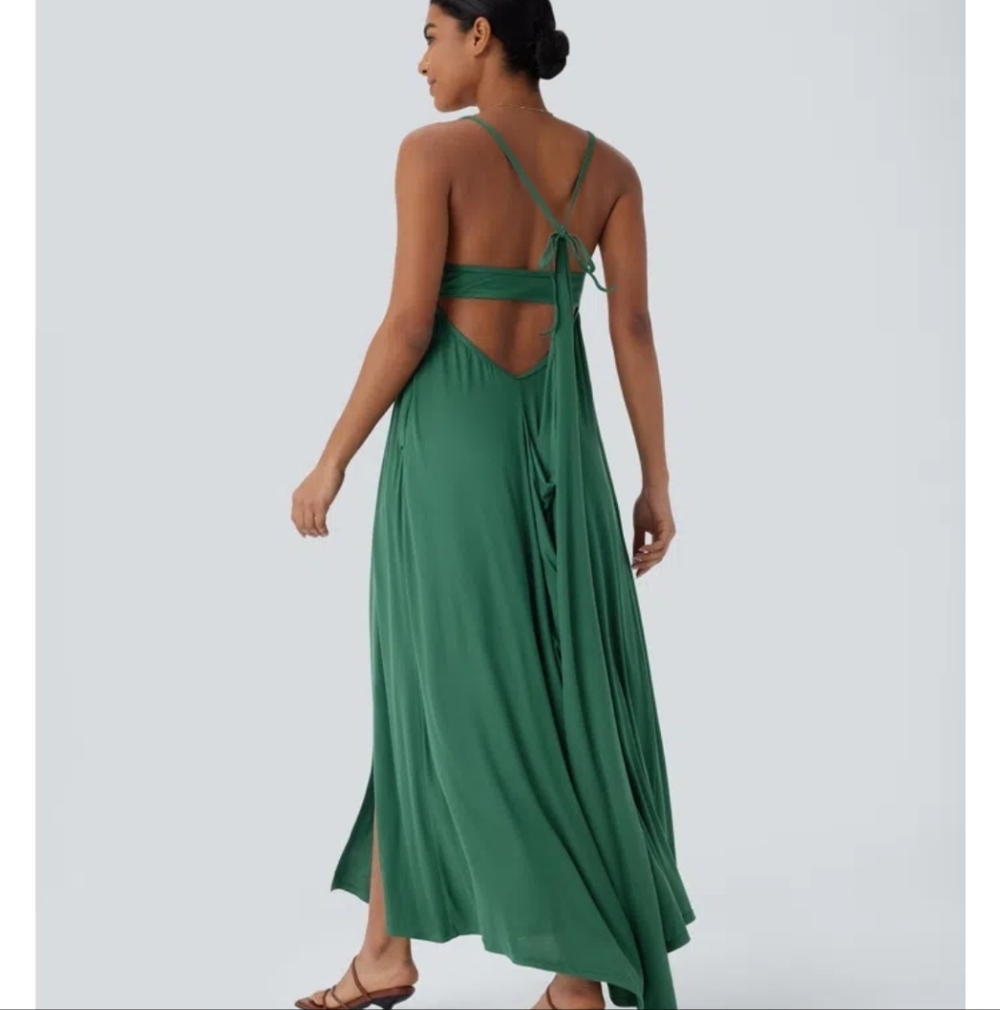 Ribbed Tie Back Ruched Maxi Slip Dress with Pockets